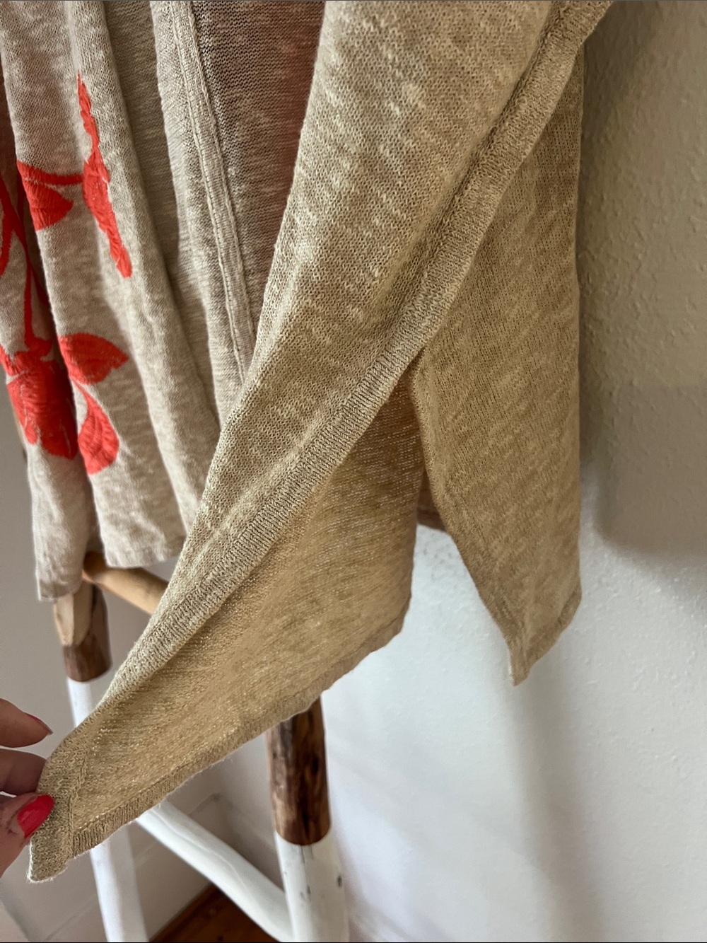 Chico's Beige Open-Front Cotton Knit Cardigan Bright Coral Floral Embroidery XL - Picture 5 of 8